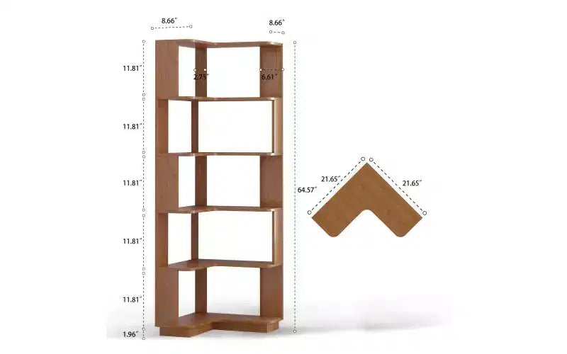 Étagère d'angle en forme de L à 6 niveaux – Marron foncé / Chêne foncé / Rouge foncé / Gris clair / Chêne clair