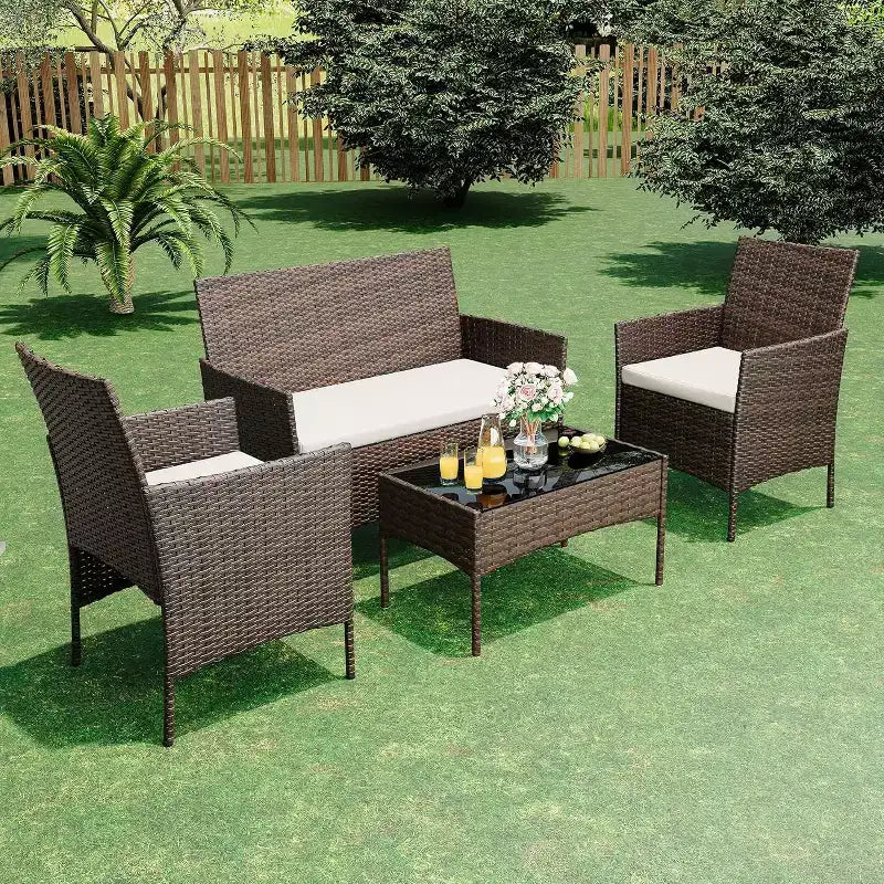 Ensemble de mobilier de jardin 4 pièces COZONY, comprenant une causeuse de bistrot en osier, 2 chaises et une table basse, pour balcon et appartement
