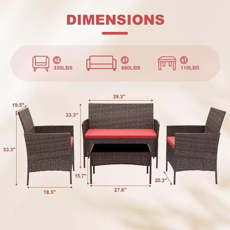 Ensemble de mobilier de jardin 4 pièces COZONY, comprenant une causeuse de bistrot en osier, 2 chaises et une table basse, pour balcon et appartement
