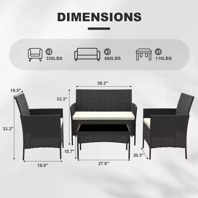 Ensemble de mobilier de jardin 4 pièces COZONY, comprenant une causeuse de bistrot en osier, 2 chaises et une table basse, pour balcon et appartement