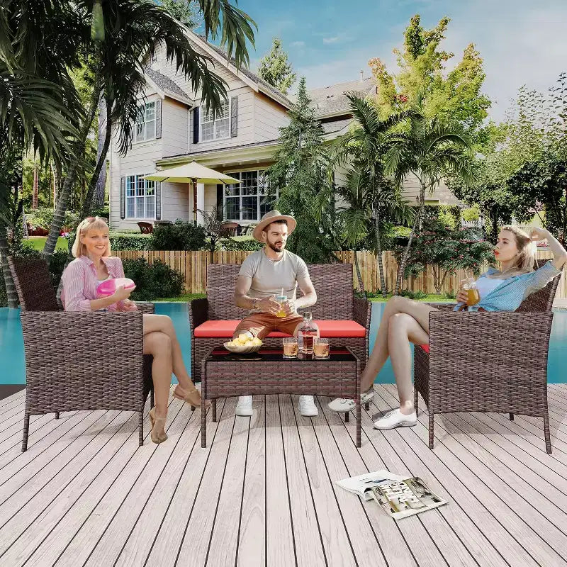 Ensemble de mobilier de jardin 4 pièces COZONY, comprenant une causeuse de bistrot en osier, 2 chaises et une table basse, pour balcon et appartement
