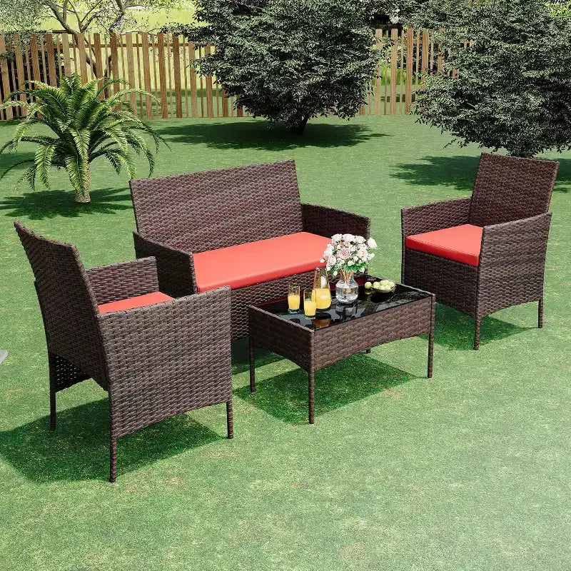 Ensemble de mobilier de jardin 4 pièces COZONY, comprenant une causeuse de bistrot en osier, 2 chaises et une table basse, pour balcon et appartement