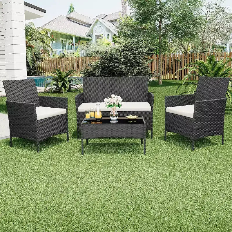 Ensemble de mobilier de jardin 4 pièces COZONY, comprenant une causeuse de bistrot en osier, 2 chaises et une table basse, pour balcon et appartement