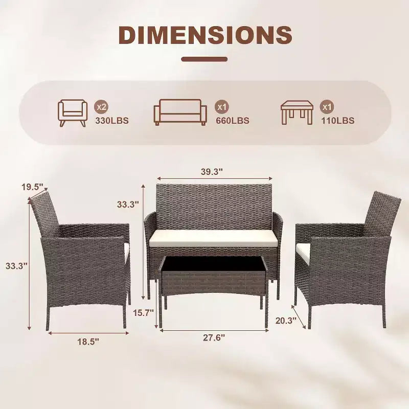 Ensemble de mobilier de jardin 4 pièces COZONY, comprenant une causeuse de bistrot en osier, 2 chaises et une table basse, pour balcon et appartement
