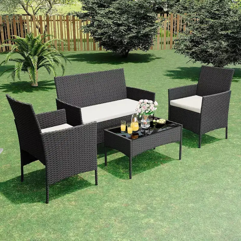 COZONY 4 Piece Outdoor Patio Set, Wicker Bistro Loveseat 2 Chairs Coffee Table for Balcony Apartment