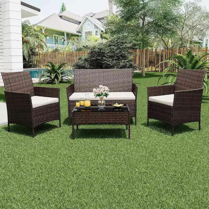 Ensemble de mobilier de jardin 4 pièces COZONY, comprenant une causeuse de bistrot en osier, 2 chaises et une table basse, pour balcon et appartement