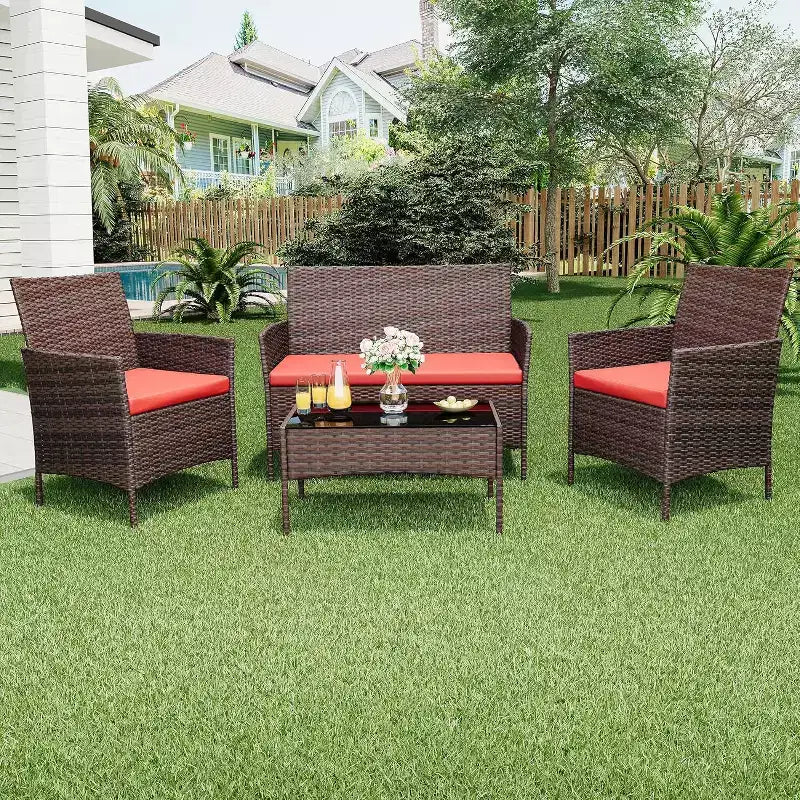 Ensemble de mobilier de jardin 4 pièces COZONY, comprenant une causeuse de bistrot en osier, 2 chaises et une table basse, pour balcon et appartement