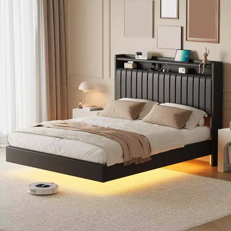 Cadre de lit plateforme en métal noir/blanc avec lumières LED – Lit double/Queen, 2 personnes
