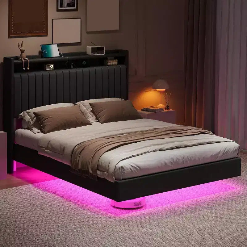 Cadre de lit plateforme en métal noir/blanc avec lumières LED – Lit double/Queen, 2 personnes