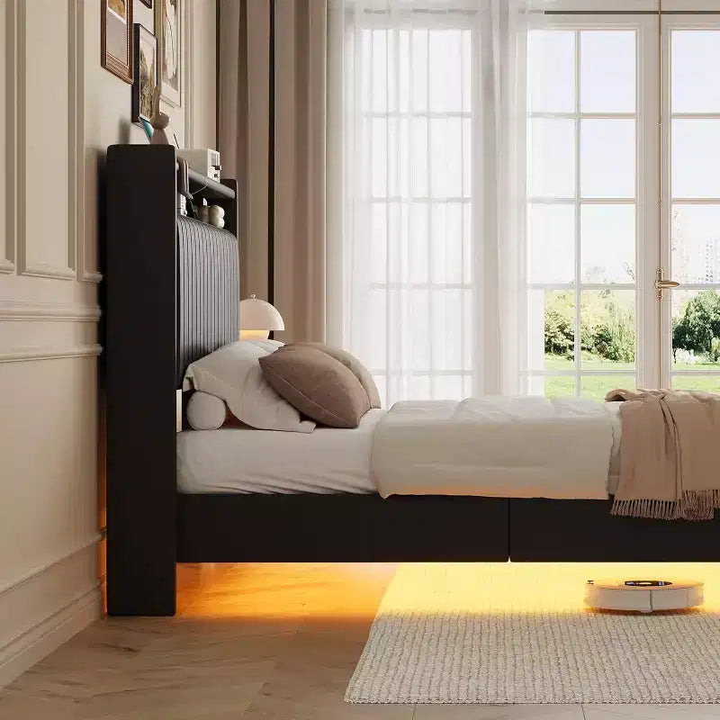 Cadre de lit plateforme en métal noir/blanc avec lumières LED – Lit double/Queen, 2 personnes