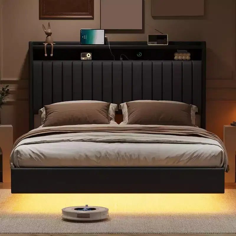 Cadre de lit plateforme en métal noir/blanc avec lumières LED – Lit double/Queen, 2 personnes