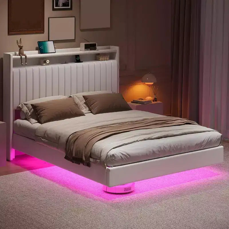 Cadre de lit plateforme en métal noir/blanc avec lumières LED – Lit double/Queen, 2 personnes