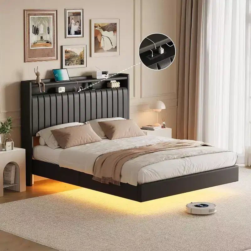Full-size Bed Frame is 50 Inches High and Does not Require a Spring Box. PU Genuine Leather Rack with Headboard, Double-layer Storage
