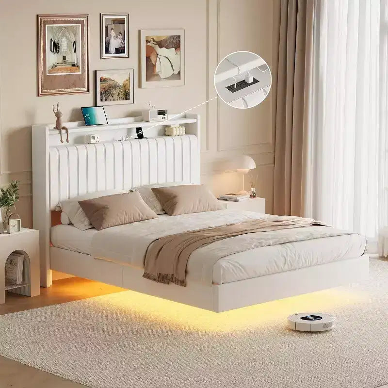 Cadre de lit plateforme en métal noir/blanc avec lumières LED – Lit double/Queen, 2 personnes