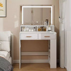 Vanity Desk With Mirror, Compact Makeup Vanity Table With 2 Large Drawers, Shelves, 3 Color Modes Adjustable Light, White