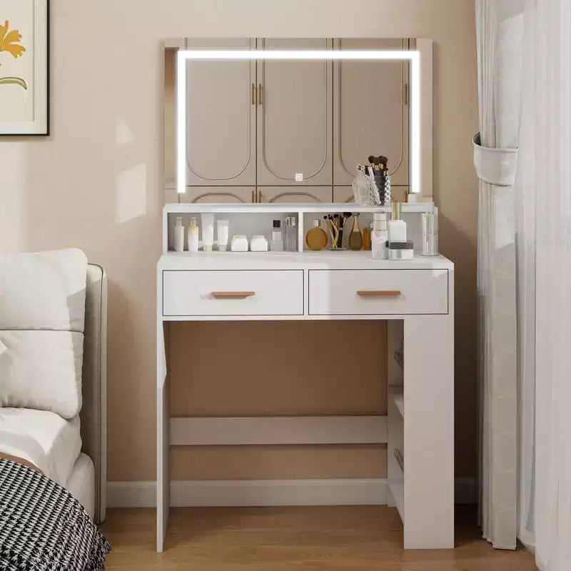Vanity Desk With Mirror, Compact Makeup Vanity Table With 2 Large Drawers, Shelves, 3 Color Modes Adjustable Light, White
