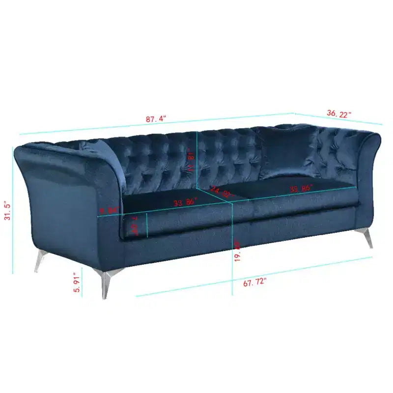 Canapé Chesterfield 3 places en velours ivoire / bleu marine / vert olive avec accoudoirs arrondis et pieds chromés