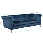 Canapé Chesterfield 3 places en velours ivoire / bleu marine / vert olive avec accoudoirs arrondis et pieds chromés