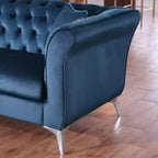 Canapé Chesterfield 3 places en velours ivoire / bleu marine / vert olive avec accoudoirs arrondis et pieds chromés
