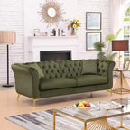 Canapé Chesterfield 3 places en velours ivoire / bleu marine / vert olive avec accoudoirs arrondis et pieds chromés