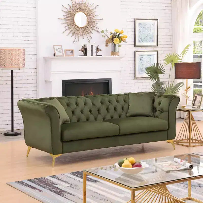 Canapé Chesterfield 3 places en velours ivoire / bleu marine / vert olive avec accoudoirs arrondis et pieds chromés