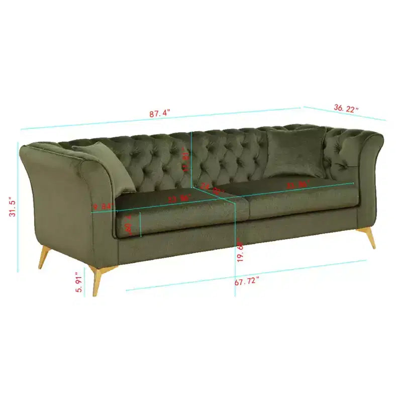Canapé Chesterfield 3 places en velours ivoire / bleu marine / vert olive avec accoudoirs arrondis et pieds chromés