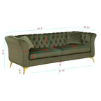 Canapé Chesterfield 3 places en velours ivoire / bleu marine / vert olive avec accoudoirs arrondis et pieds chromés