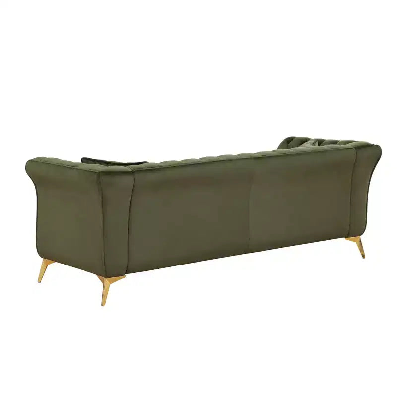 Canapé Chesterfield 3 places en velours ivoire / bleu marine / vert olive avec accoudoirs arrondis et pieds chromés