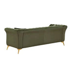 Canapé Chesterfield 3 places en velours ivoire / bleu marine / vert olive avec accoudoirs arrondis et pieds chromés