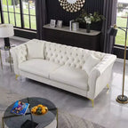 Canapé Chesterfield 3 places en velours ivoire / bleu marine / vert olive avec accoudoirs arrondis et pieds chromés