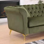 Canapé Chesterfield 3 places en velours ivoire / bleu marine / vert olive avec accoudoirs arrondis et pieds chromés