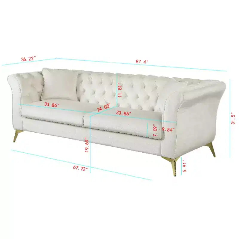 Canapé Chesterfield 3 places en velours ivoire / bleu marine / vert olive avec accoudoirs arrondis et pieds chromés
