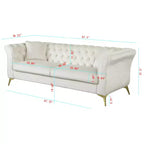 Canapé Chesterfield 3 places en velours ivoire / bleu marine / vert olive avec accoudoirs arrondis et pieds chromés