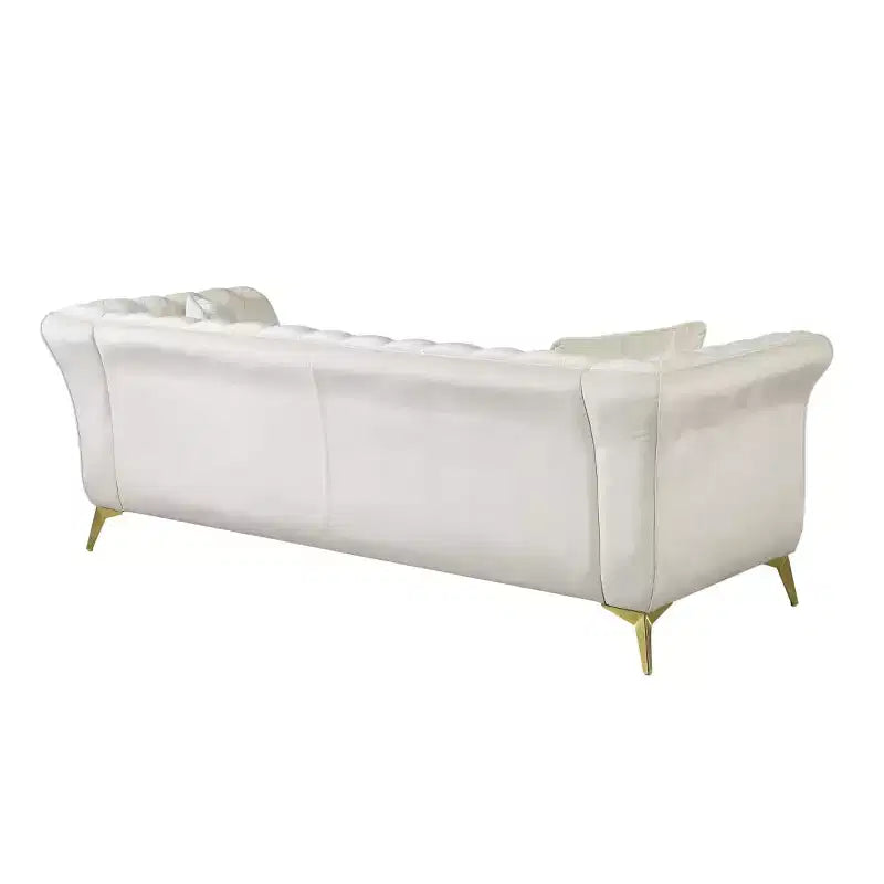 Canapé Chesterfield 3 places en velours ivoire / bleu marine / vert olive avec accoudoirs arrondis et pieds chromés