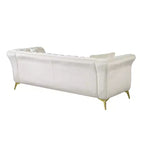 Canapé Chesterfield 3 places en velours ivoire / bleu marine / vert olive avec accoudoirs arrondis et pieds chromés