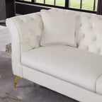 Canapé Chesterfield 3 places en velours ivoire / bleu marine / vert olive avec accoudoirs arrondis et pieds chromés