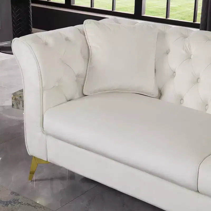 Canapé Chesterfield 3 places en velours ivoire / bleu marine / vert olive avec accoudoirs arrondis et pieds chromés
