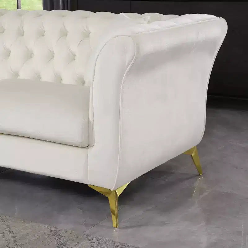 Canapé Chesterfield 3 places en velours ivoire / bleu marine / vert olive avec accoudoirs arrondis et pieds chromés