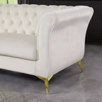 Canapé Chesterfield 3 places en velours ivoire / bleu marine / vert olive avec accoudoirs arrondis et pieds chromés