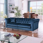Canapé Chesterfield 3 places en velours ivoire / bleu marine / vert olive avec accoudoirs arrondis et pieds chromés