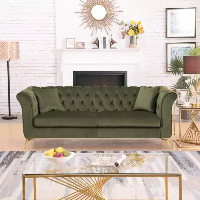 Canapé Chesterfield 3 places en velours ivoire / bleu marine / vert olive avec accoudoirs arrondis et pieds chromés