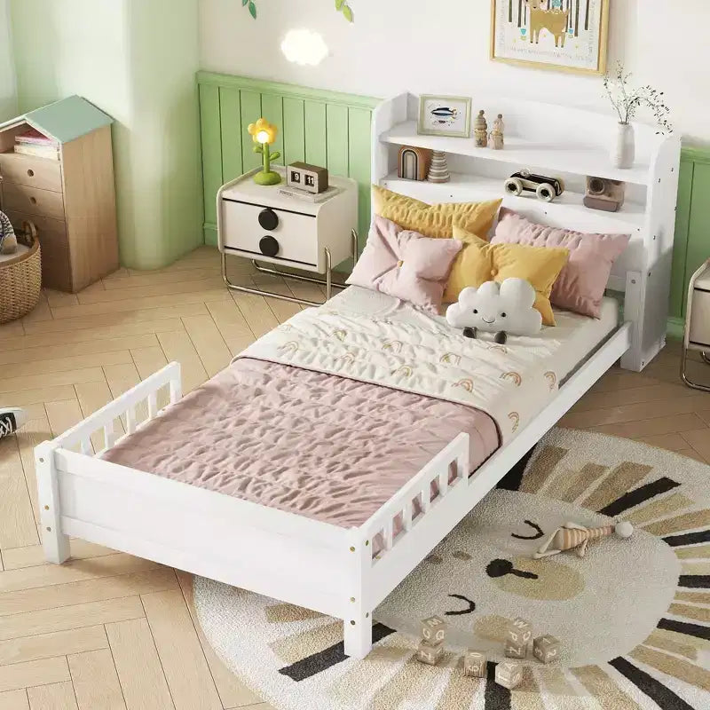 Twin Pine Wood Bed with Bookcase Headboard ,LED Motion Sensor Light, Guardrails,White