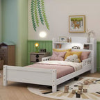Lit jumeau blanc avec tête de lit bibliothèque, lumière LED et barrières de sécurité – Pour 1 enfant