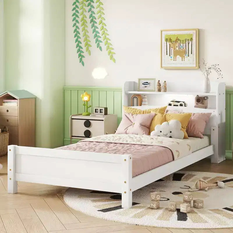 Lit jumeau blanc avec tête de lit bibliothèque, lumière LED et barrières de sécurité – Pour 1 enfant