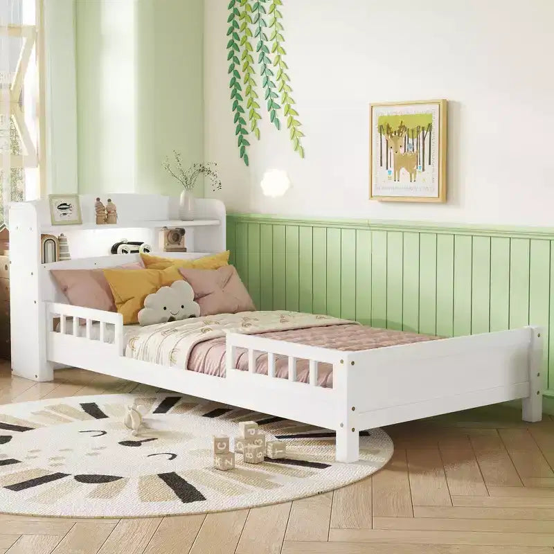 Lit jumeau blanc avec tête de lit bibliothèque, lumière LED et barrières de sécurité – Pour 1 enfant