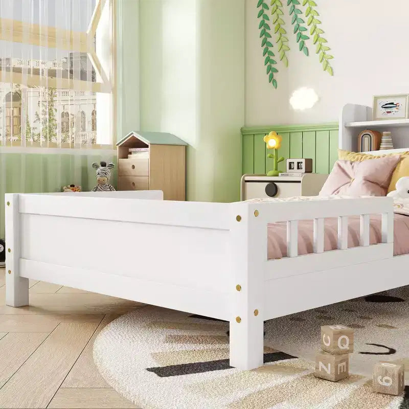 Lit jumeau blanc avec tête de lit bibliothèque, lumière LED et barrières de sécurité – Pour 1 enfant