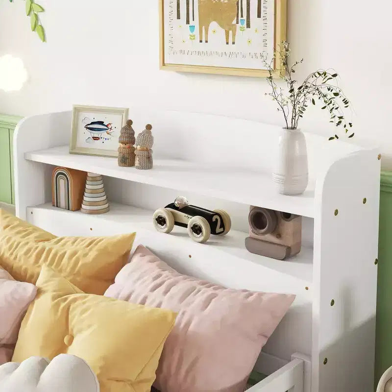 Lit jumeau blanc avec tête de lit bibliothèque, lumière LED et barrières de sécurité – Pour 1 enfant