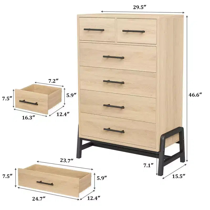 Commode 6 tiroirs autoportante – Noir / Chêne naturel / Chêne naturel + Noir