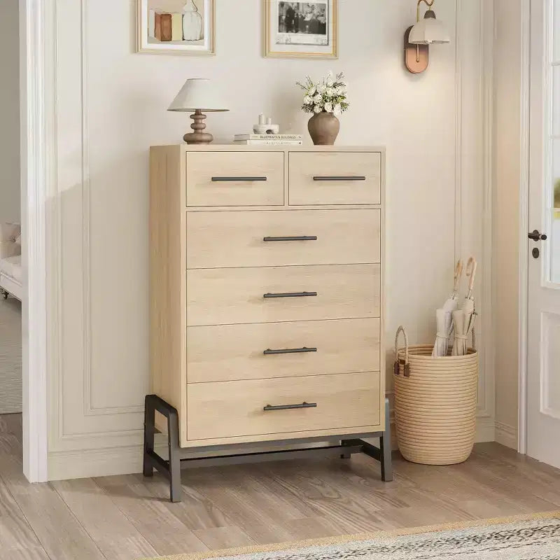 Commode 6 tiroirs autoportante – Noir / Chêne naturel / Chêne naturel + Noir