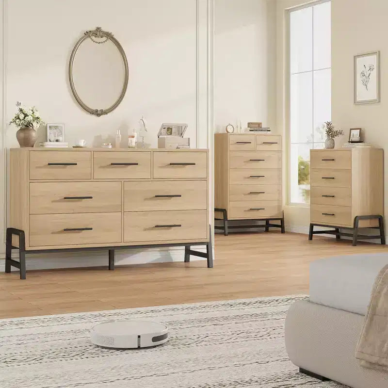 Commode 6 tiroirs autoportante – Noir / Chêne naturel / Chêne naturel + Noir